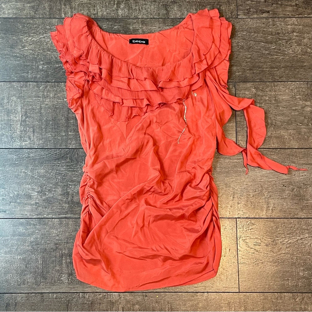 Bebe orange silk ruffle top